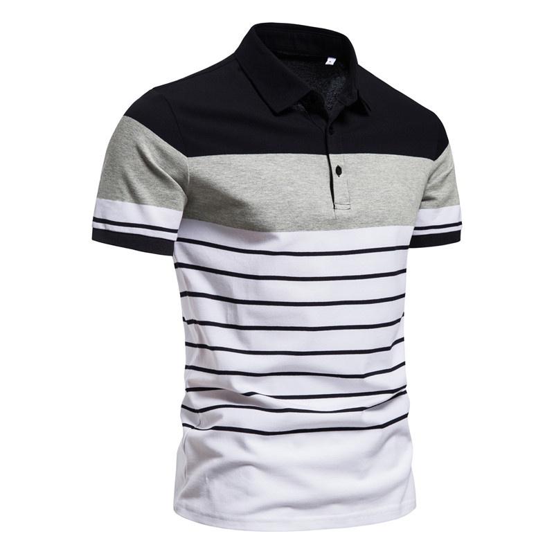 Summer Fashion Men's Breathable Short Sleeved Shirt Contrasting Color Top Striped Polo Shirt