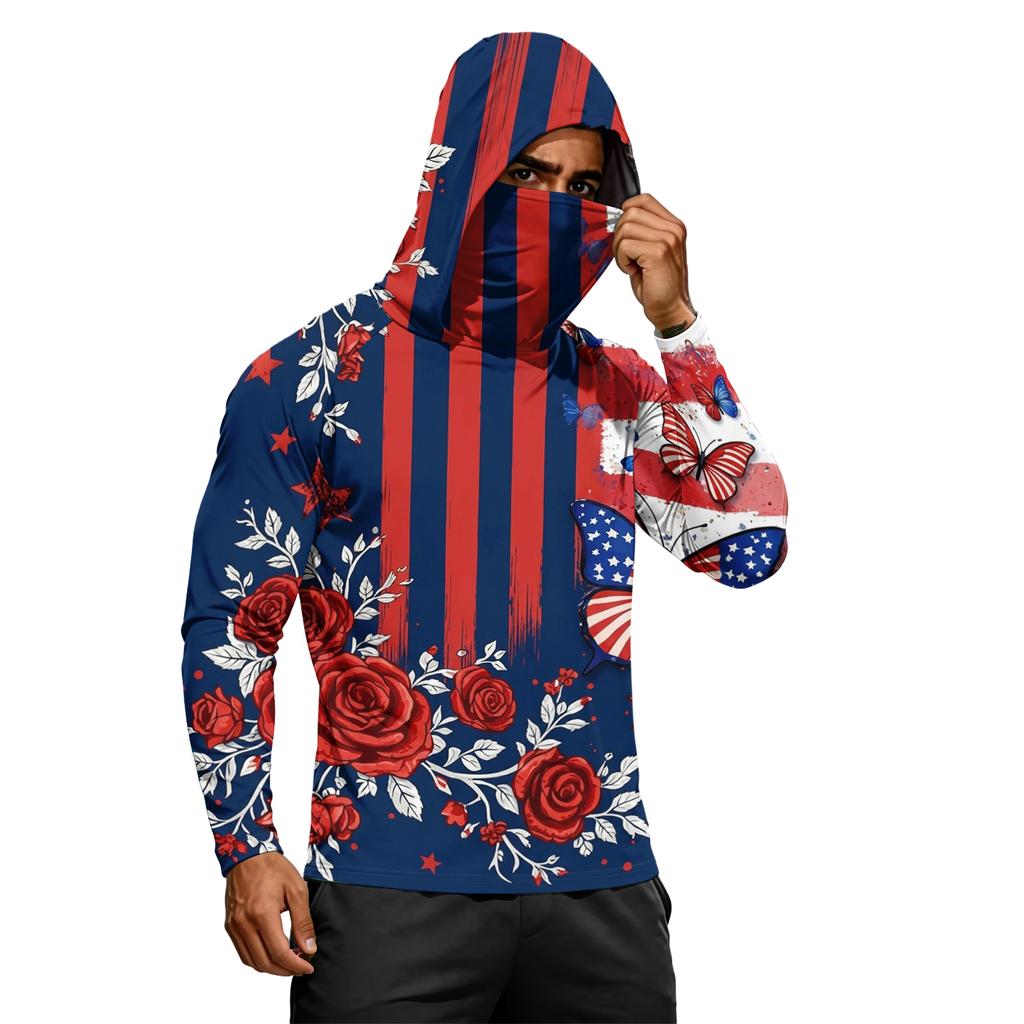 Men's Long Sleeve Lightweight Hoodie with Drawstring Hood and Face Covering Flag Print Casual Pullover Top