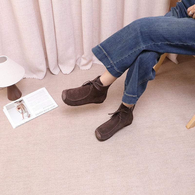 Johnature Retro Cow Suede Lace Up Short Boots Versatile Square Toe Soft Sole Comfortable Women's Ankle Boots
