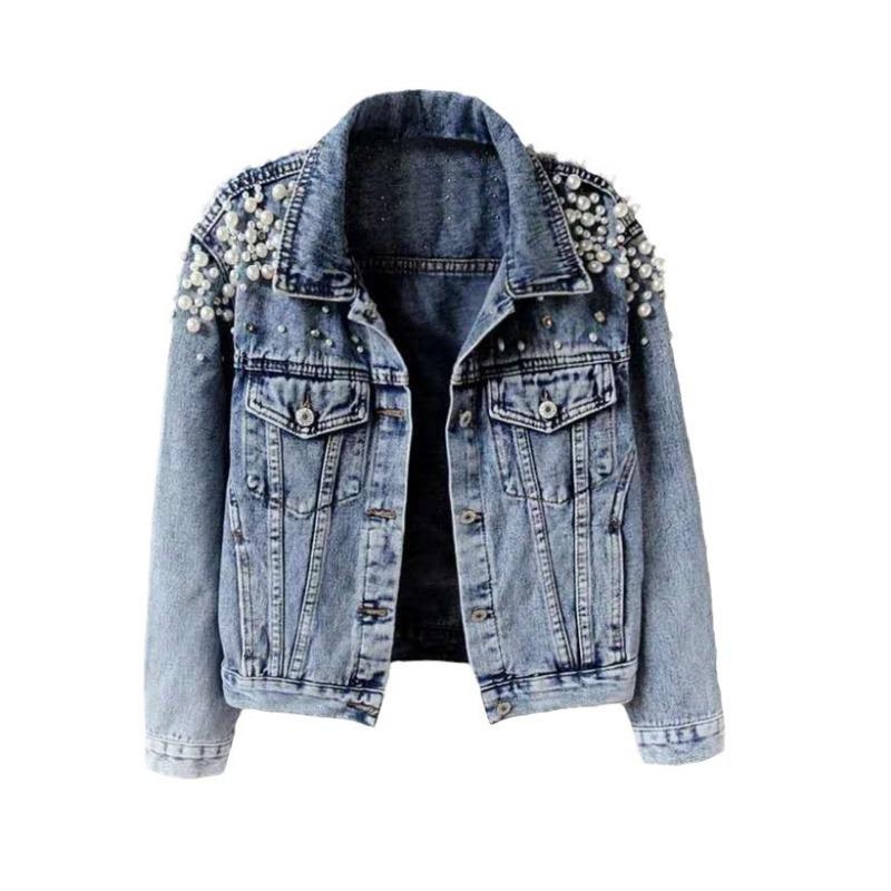 2025 Spring and Autumn New Heavy Industry Beaded Denim Jacket Women's Short Long Sleeve Fashion Jacket Big Pearl Denim