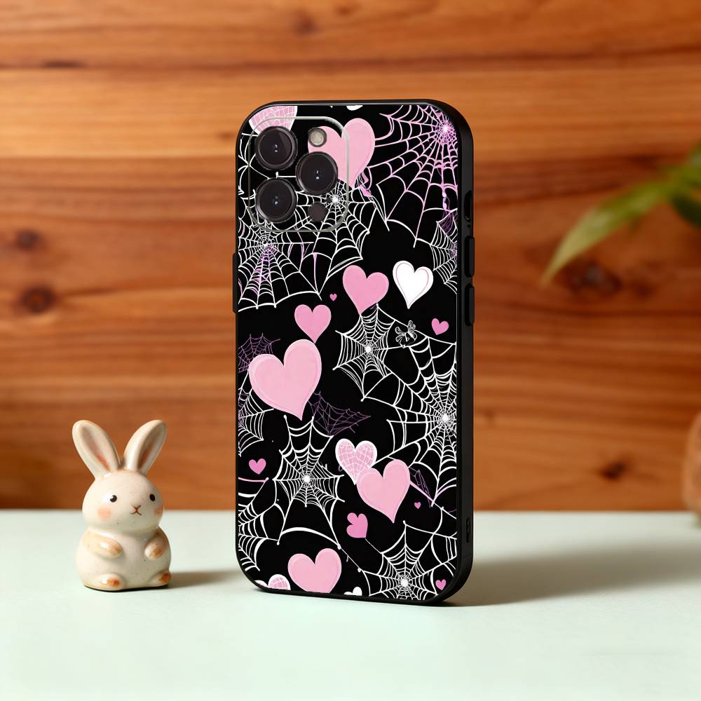 Cool S-Spider Web H-Heart Phone Case For iPhone17,16,15,14,13,12Plus,Pro Max,XS,5G Soft Silicone Black Cover