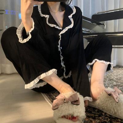 2 יח'\סט סתיו חורף נשים חליפת פיג'מה פרפר הפוך צווארון סגירה חד קרדיגן שרוולים ארוכים קרדיגן עליון מכנסיים רחבים בגדי שינה בגדי לבוש מזדמנים