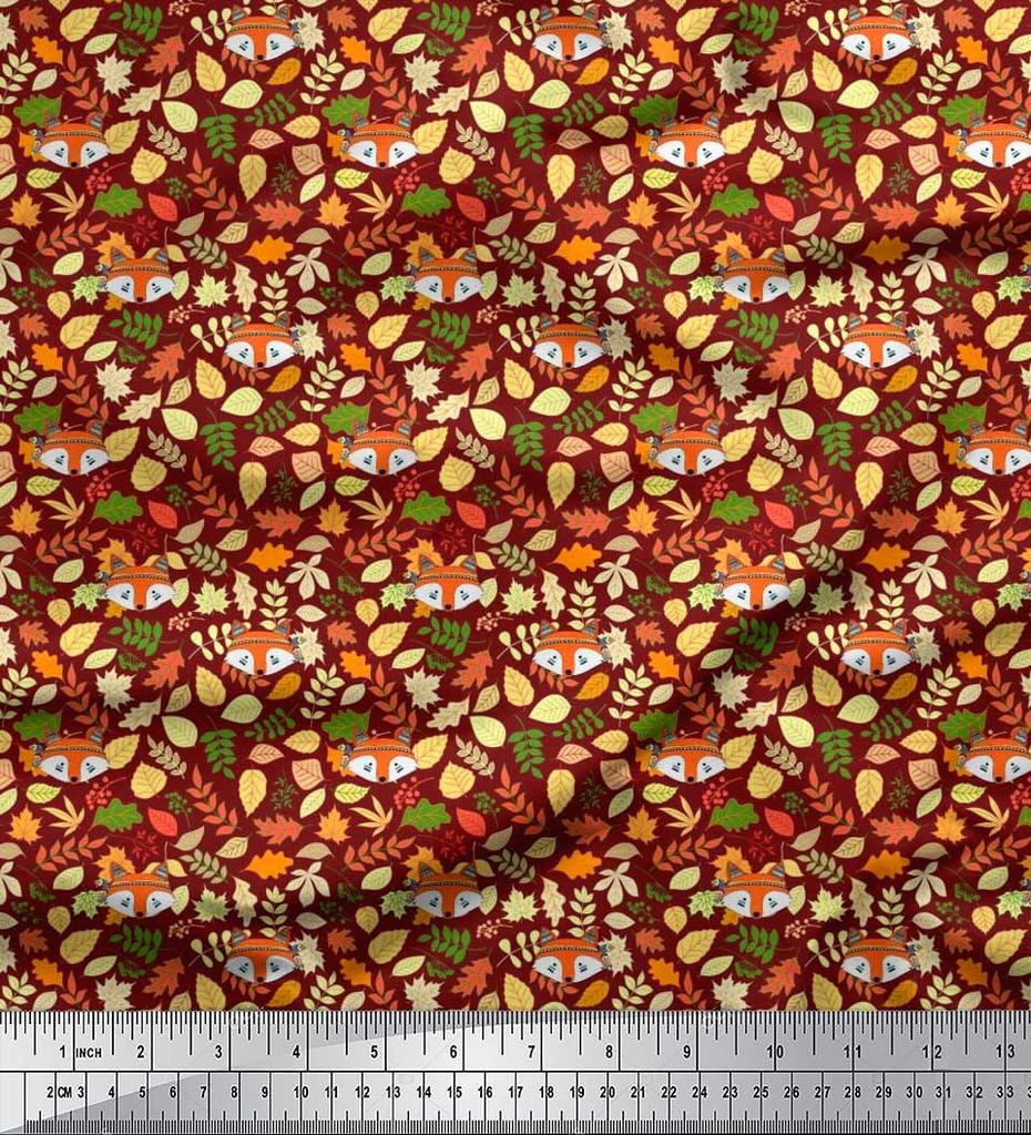 Soimoi Japan Crepe Satin Fabric Leaves & Fox Face Cartoon Printed Craft Fabric by the Metre 42 Inch
