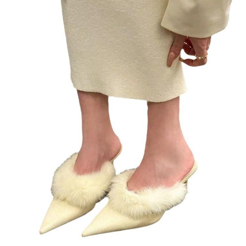 Gentle hairy pointed slippers women's winter bag head high heel half slippers mature piled cotton slippers