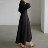 Chic Commute Cotton-Linen Swing Dress with Turn-Down/Polo Collar & Elastic Waist
