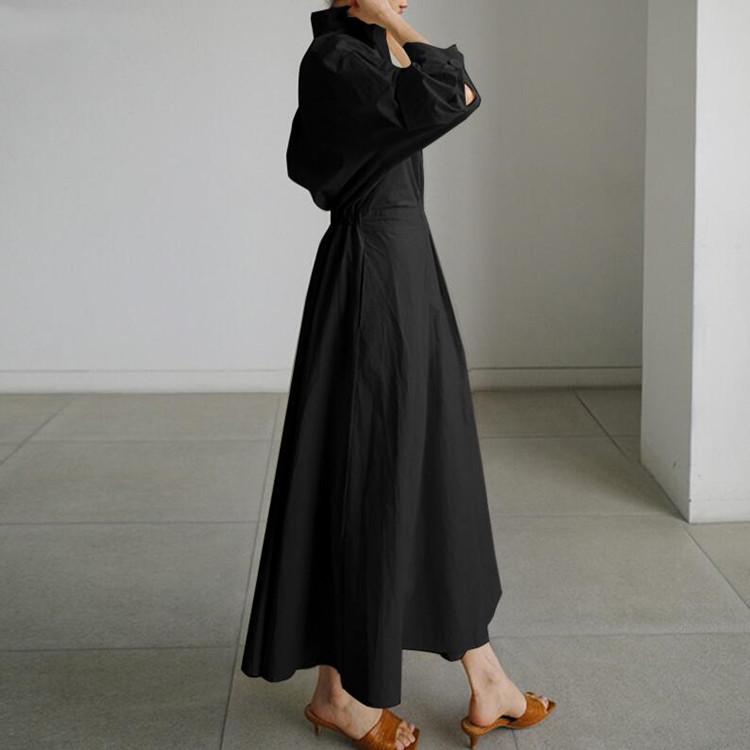 Chic Commute Cotton-Linen Swing Dress with Turn-Down/Polo Collar & Elastic Waist