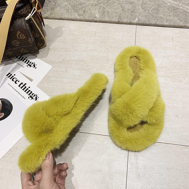 Mao Mao slippers women's 2025 autumn new cross thick-bottomed imitation rabbit fur flat-bottomed casual outer wear one-word home slippers