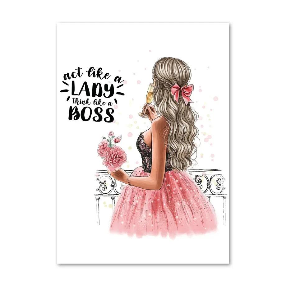 Flowers Black Girl Coffee Goblet Illustration Fashion Art Canvas Painting Nordic Posters Prints Wall Pictures Living Room Decor