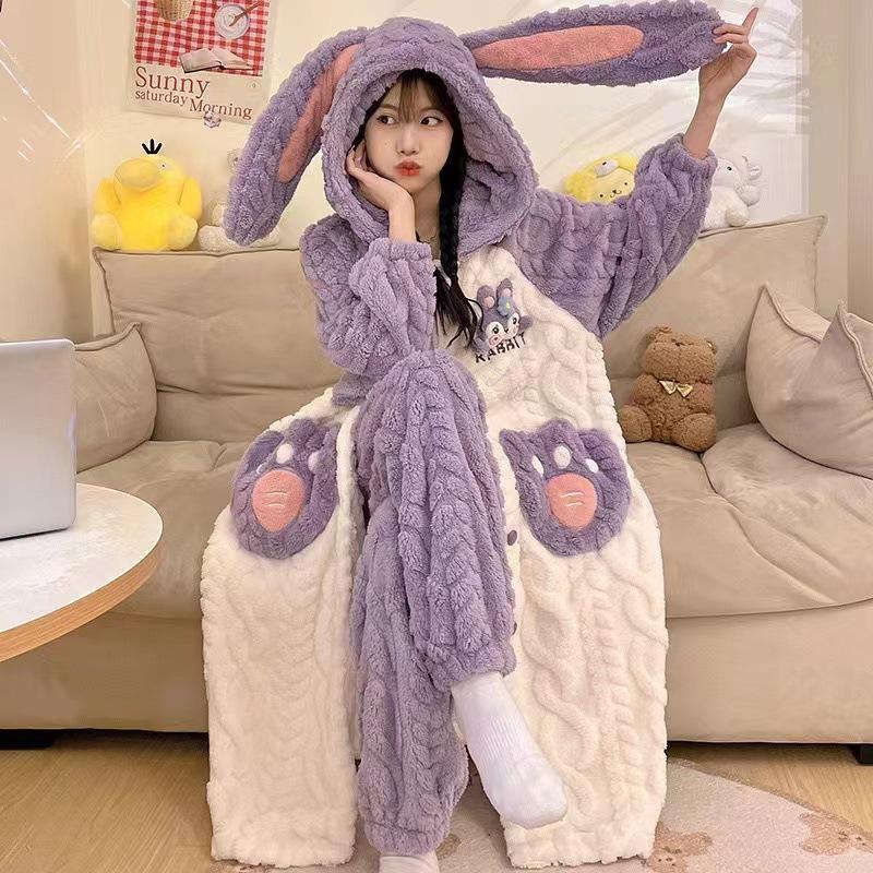 Outono e Inverno Novo Pijama Fofo com Capuz Castorzinho Veludo Coral Pijama de Inverno Feminino Conjunto de Pijama Feminino