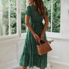 Women Flowy A-line Midi Dress Small Flower Print Patchwork Square Neck Short Bubble Sleeves Pleated Shirring Dating Vacation Dress