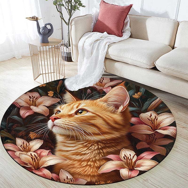 Orange Cat Round Area Rug,Carpet Rug for Living Room Bedroom Sofa Playroom Decor,Non-slip Floor Mat