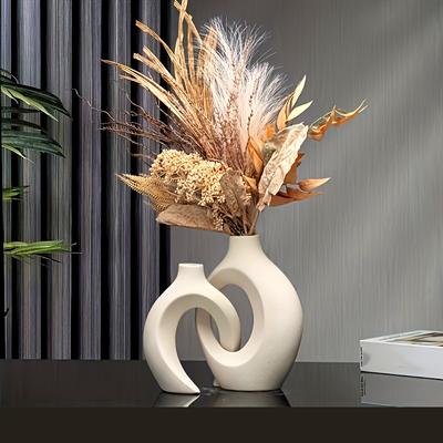 2-teiliges Set, weiße Keramikvase im nordischen Boho-Stil für die Inneneinrichtung – matte, hohle Blumenvase für Hochzeit, Esstisch, Wohnzimmer, Büro, Schlafzimmer