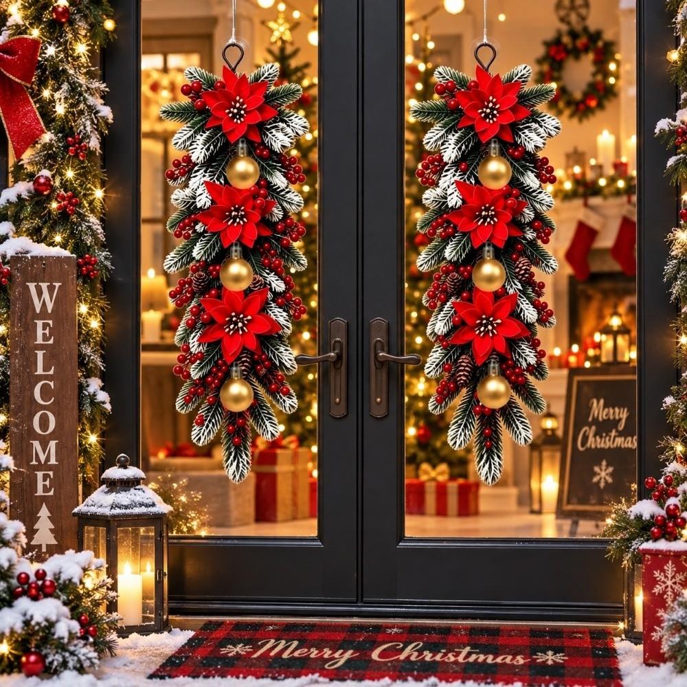 4pcs Simulated Snow Falling Artificial Pine Branch Wall Mounted Poinsettia Flower Home Party