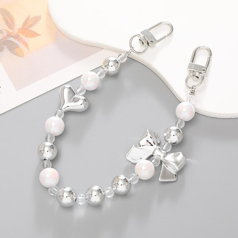 Fashion Colorful Acrylic Pearl Round Beads Mobile Phone Case Chain Bows Heart Anti-Drop Cellphone Lanyard Strap For Women Girls