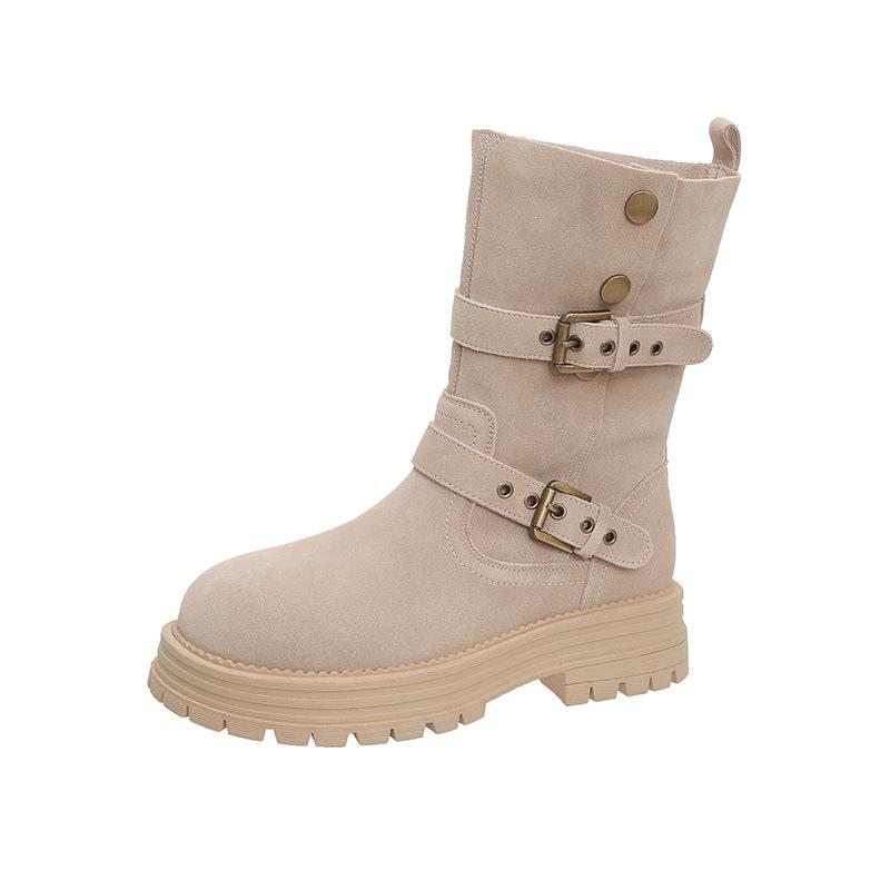 2025 autumn new retro wind matte leather rivet belt buckle two wear medium boots women's thick heel thick sole Martin boots