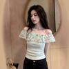 Women Off-shoulder Polka Dot Top Ruffle Trim Form-fitting Casual Short Sleeve Blouse