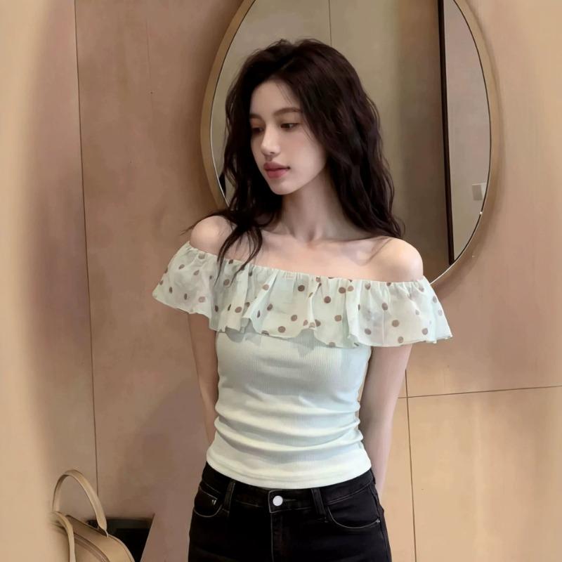 women off-shoulder polka dot top ruffle trim form-fitting casual short sleeve blouse S зелёный