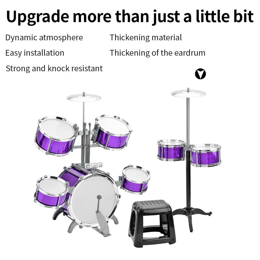 Drum Set Jazz Drum Kit with Stool 7 Drums Musical Percussion Instruments for Beginner Holiday Gifts Thickened PVC