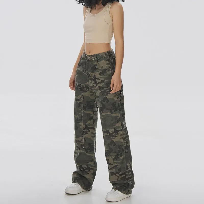 Women's Army Green Camo High-Waist Wide-Leg Jeans - Summer Casual Hip-Hop Style