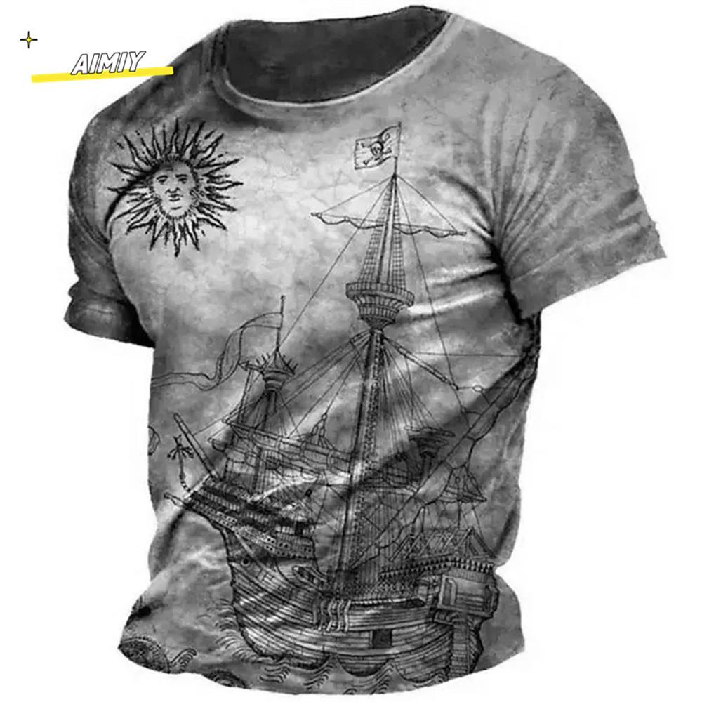 Vintage Summer Compass Pattern 3D Printed Short-sleeve Men's T-shirts Loose Daily Men Clothing Casual Streetwear