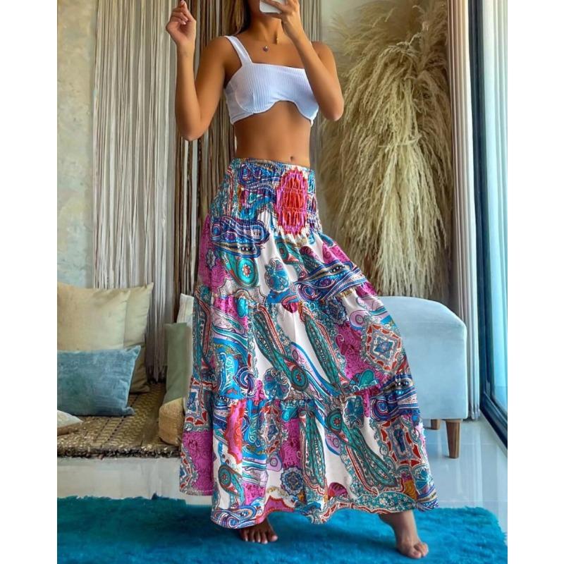 summer high waist elastic waist loose printed long skirt skirt women