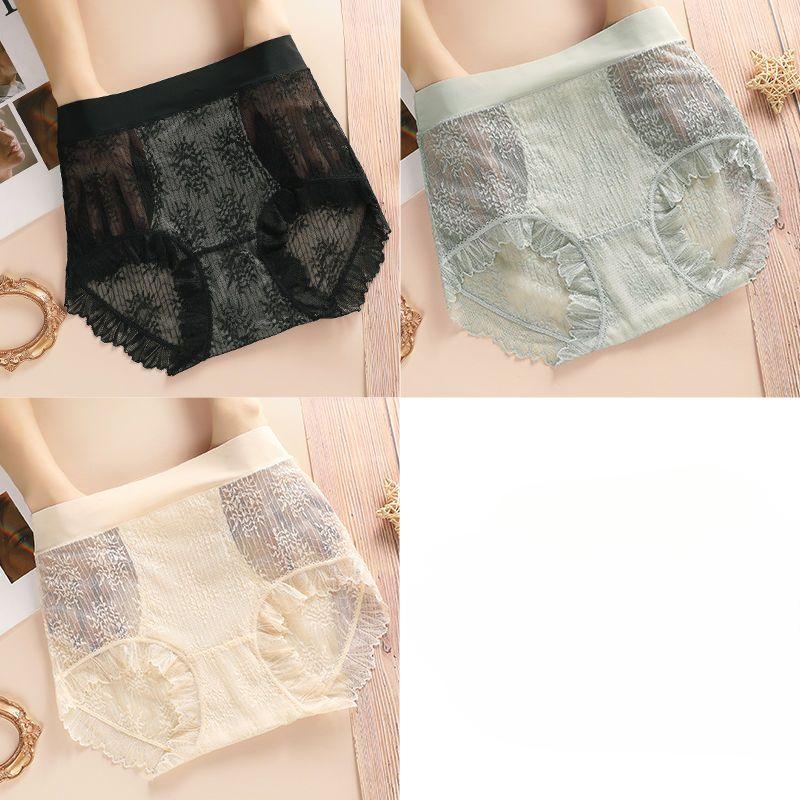3pcs Women's Plus-Size High-Waisted Lace Tummy Control Pants Thin Sexy Breathable Abdomen-Slimming Butt Lifting Silk-Infused Triangle Panties