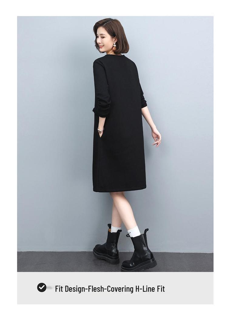 Damen 2024 Frühling/Herbst Langarm Baumwoll-Sweatshirtkleid - Koreanischer Stil, Slim Fit, Bauch kaschierend