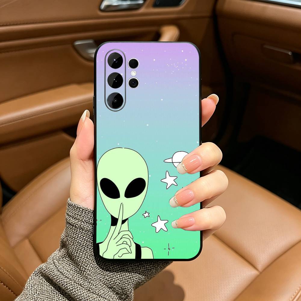 Cute Cartoon Alien Soft Silicone Case for Samsung S25, S24, S21, S22, S23, S30, Ultra, S20, Plus, FE, Lite-Black