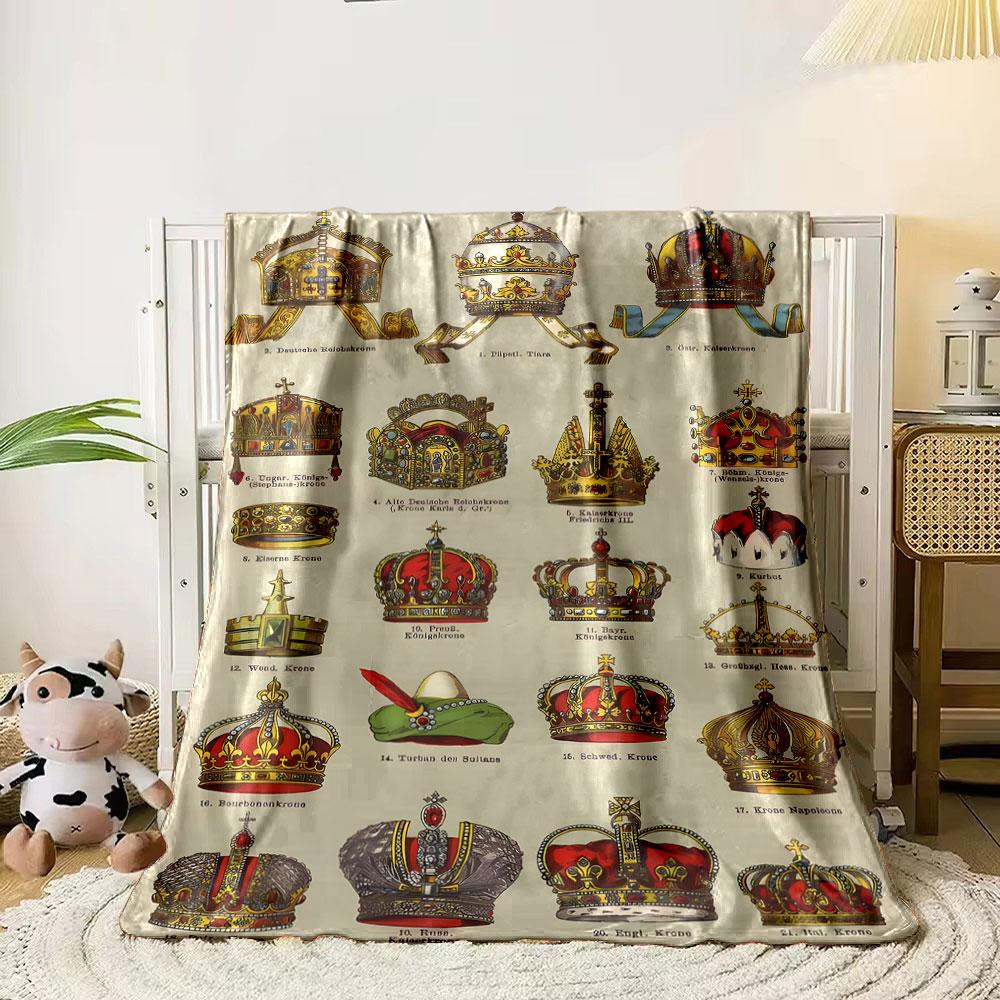 Vintage Crown Pattern Blanket Bedroom Blanket for Livingroom Couch Lunch Break Soft Throw for Friend's Festival Gift