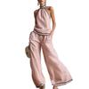 Sleeveless Wide Leg Pants Set Women Summer European Style Striped Color Block Two Piece Casual Vacation