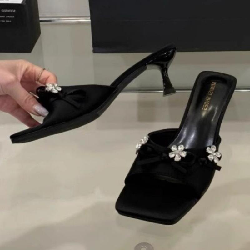 Fashion Bling Rhinestone Butterfly-knot Slippers Women Summer Sexy Open Toe Kitten Heel Design Slide Sandals Elegant Wedding Bridal Shoe