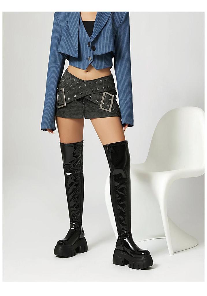 Elastische Plateau-Stiefel mit klobigem Absatz, kniehoch, aus Lackleder für Damen – Schmale Passform, Herbst/Winter Bühnenstiefel