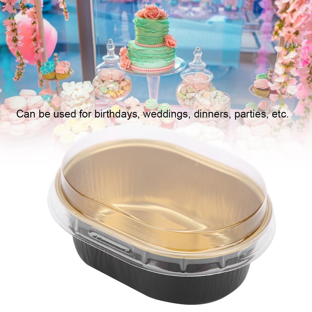 10Pcs Disposable Oval‑Shaped Aluminum Foil Cake Baking Cup Mold with Lid Kitchen Accessory(Gold )