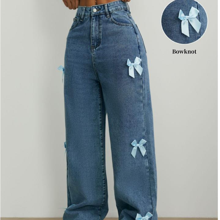 Dámské ležérní džíny s mašlí Y2k modré volné džínové kalhoty volné rovné sladká koketní estetika prané džíny