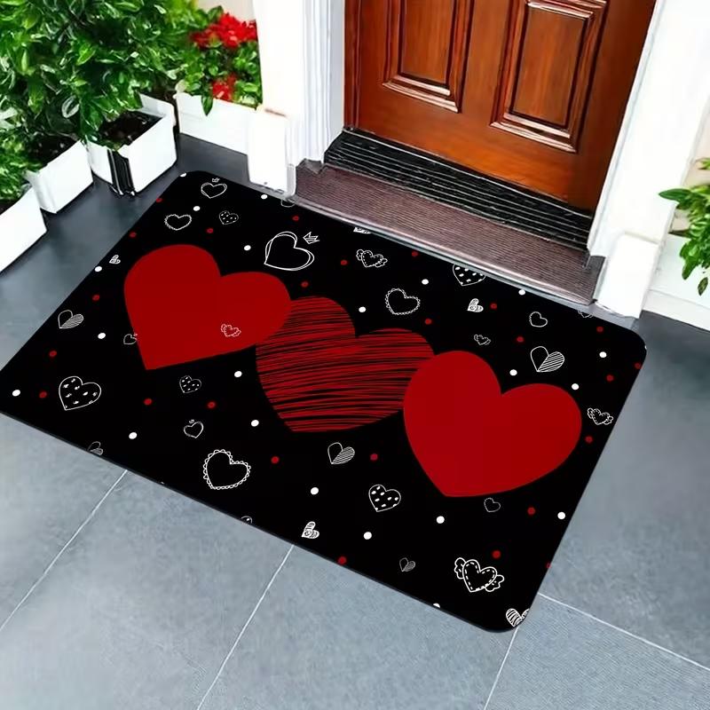 Colorful Hearts Print Doormat Non-Slip Absorbent Floor Mat Valentine's Day Style Kitchen Rug