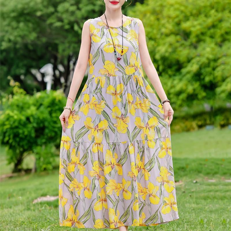 Elegant Sleeveless Dress for Women Plus Size Short Sleeve Vintage Print Long Dress Summer Casual Middle-aged Women's Clothing
