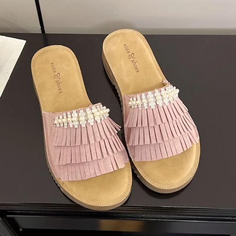 Fashion Tassels Women Flats Slippers Crystal Summer Shoes Casual New Sandals 2025 Fashion Woman Flip Flops Beach Slides Zapatillas Mujer