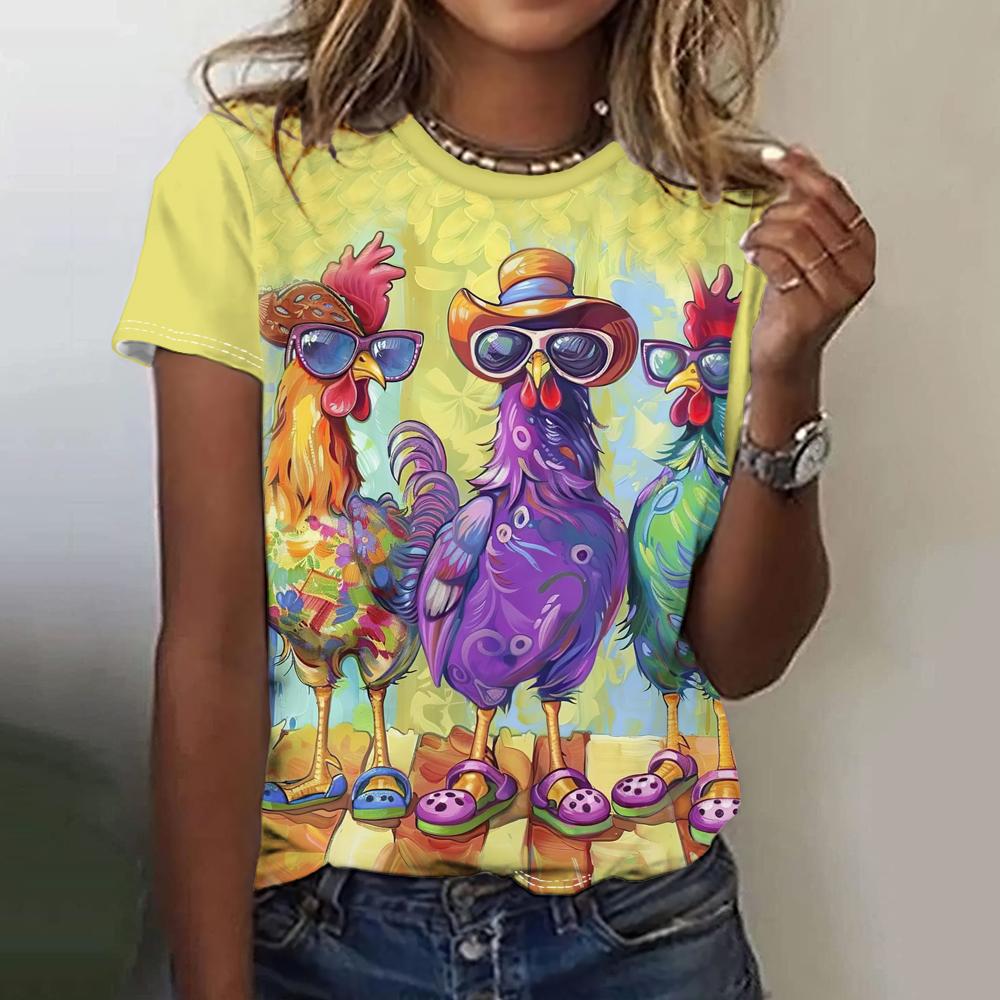 Забавная графика с цыпленком, модный повседневный оверсайз, круглый вырез, короткий рукав, лето S