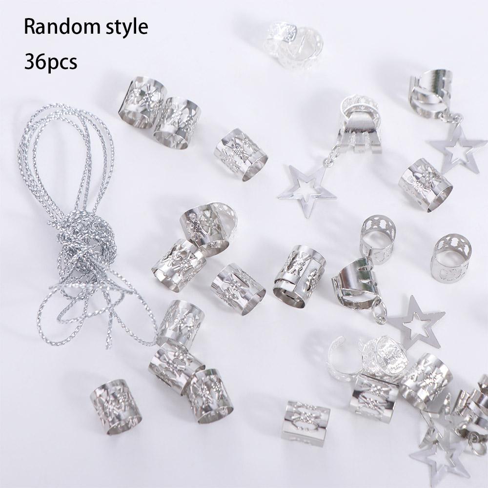 

36 шт. Дреды Звездный Декор Кольцо для Волос Трубочки для Плетения Волос Головной Убор Металлические Манжеты Шарм Грязные Косички Плетеная Веревка для Волос серебряный