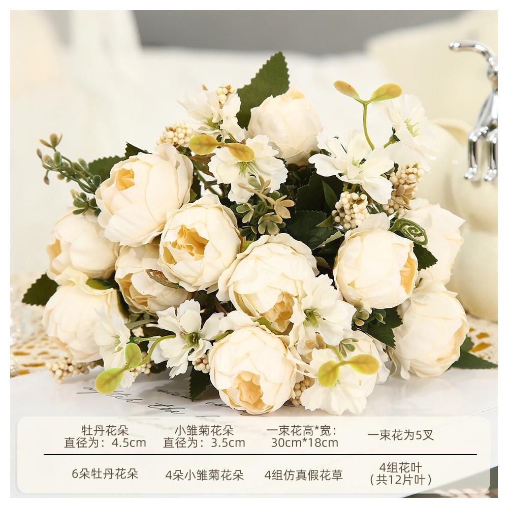 Blush Pink Artificial Peony Bouquet, Fake Silk Flowers with Greenery for Home Wedding Decor