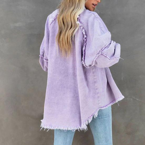 Giacca da donna in denim Colletto rovesciato Distress Orlo con frange Bottone Tasca grande Lavato Tinta unita Cappotto oversize da donna di media lunghezza oversize Lavato