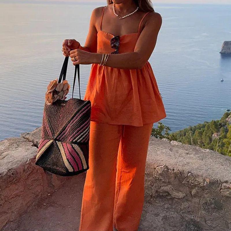 

Fall European and American Women s Clothing Temperament Commute Sling Pants Loose Pure Color Casual Fashion Set Women Image color S