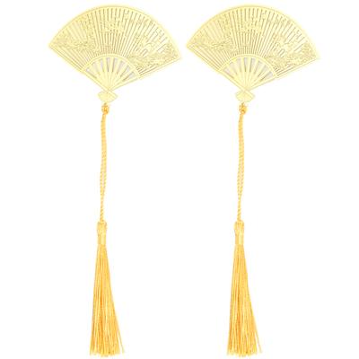 2Pcs Fan Bookmark Antique Chinese Folding Fan Shape Brass Metal Pine and Crane Pattern