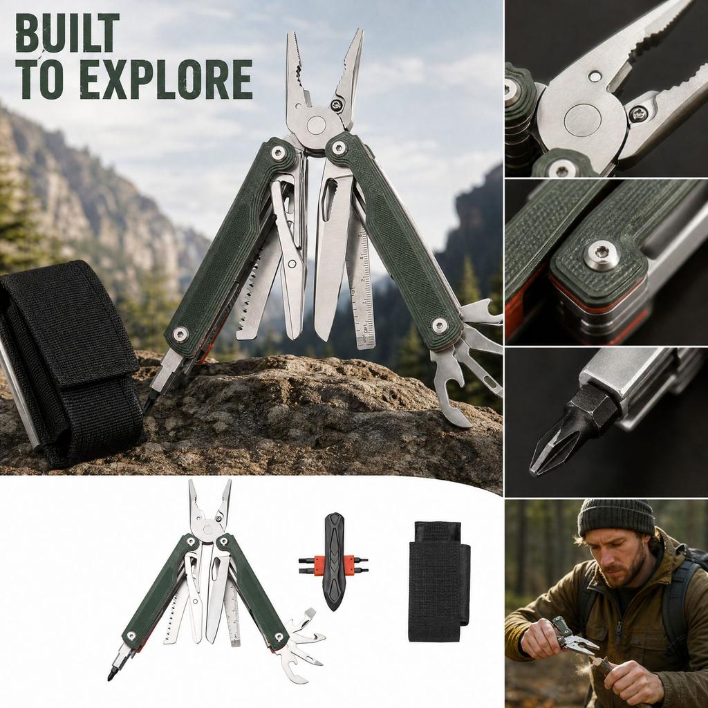 Folding Multitool with Handle, Multifunctional Pliers and Scissors for Outdoor and