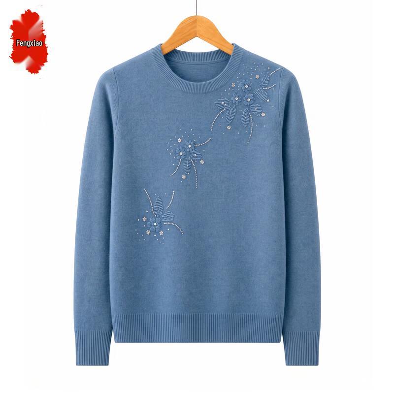 Women's Floral Embroidered Crewneck Wool Sweater for Mature Women