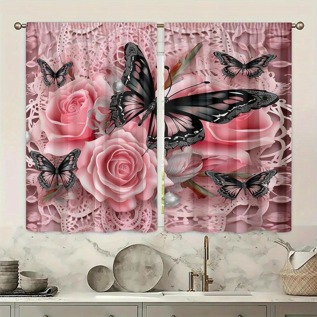 2 Pieces of Pink Floral Butterfly Printed Curtains, Pole Bag Bedroom and Living Room, Home Decoration, Room Decoration