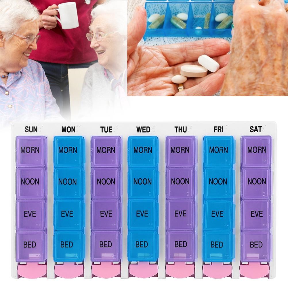7 Days 4 Times a Day 28 Compartments Pill Box Medicine Organizer with Push Button (Blue Purple)