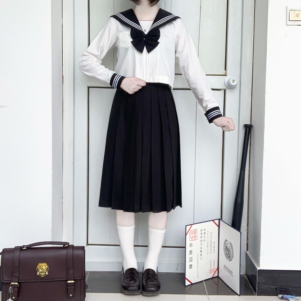 JK Sailor Suit: Black-Collared Off-White Pleated Skirt Set - Three-Piece Basic Style for Spring/Summer