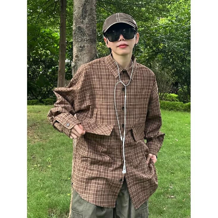 Japanese-Style Retro Large Pocket Plaid Long-Sleeved Shirt Men and Women Vintage Multi-Pocket Couple Contrast Color Shirt Coat