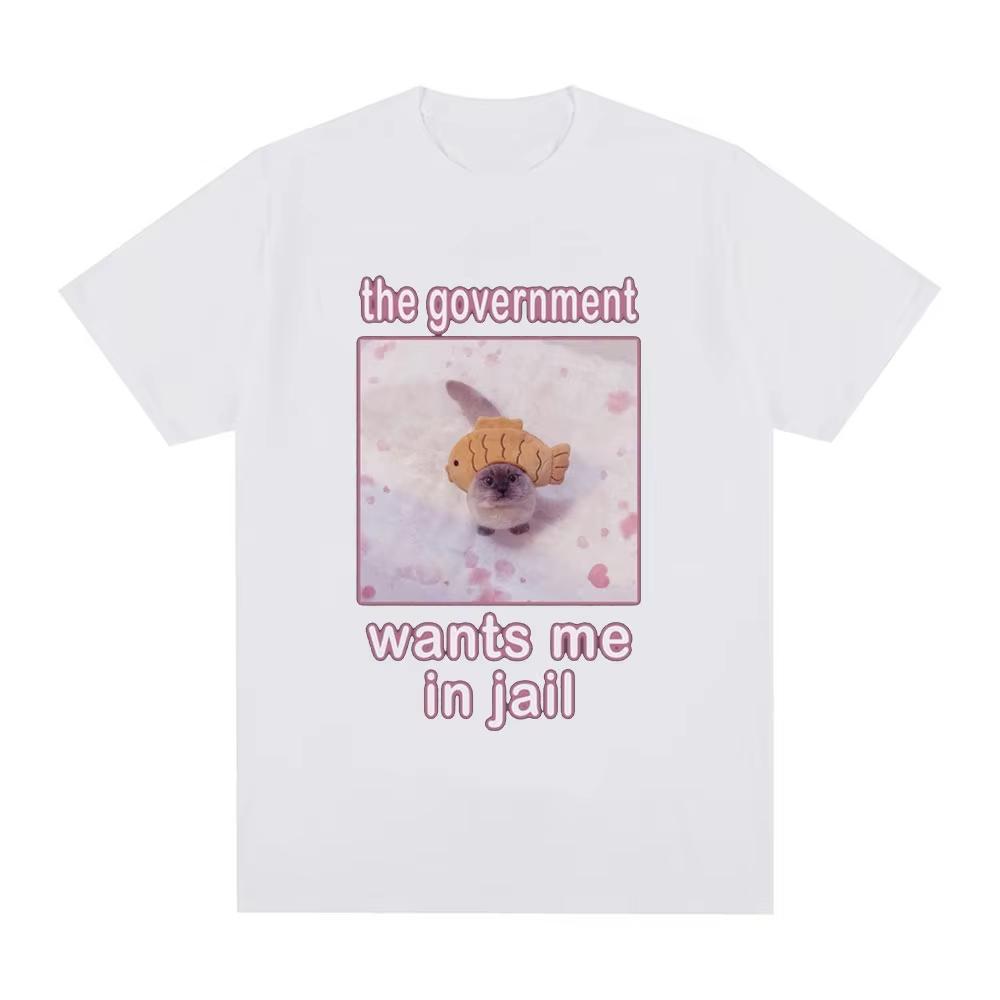 The Government Wants Me in Jail Funnt Cat Meme T Shirts Mens Women Fashion Harajuku Tshirt Cotton Casual Short Sleeve Tshirts